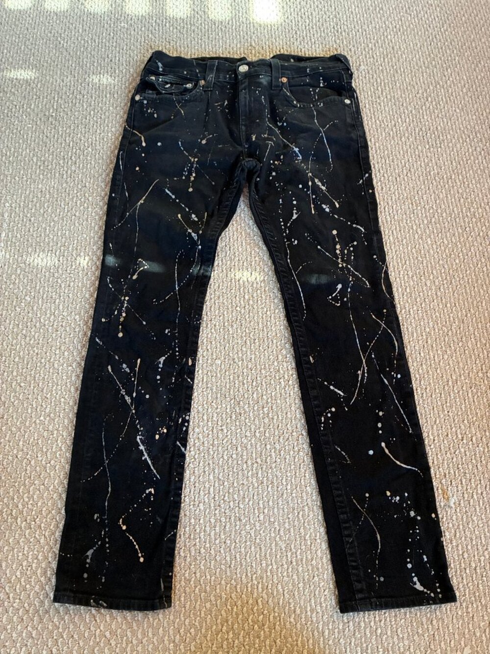 True Religion Jeans Mens 33 Black Skinny Flap Paint Splatter Stretch Denim